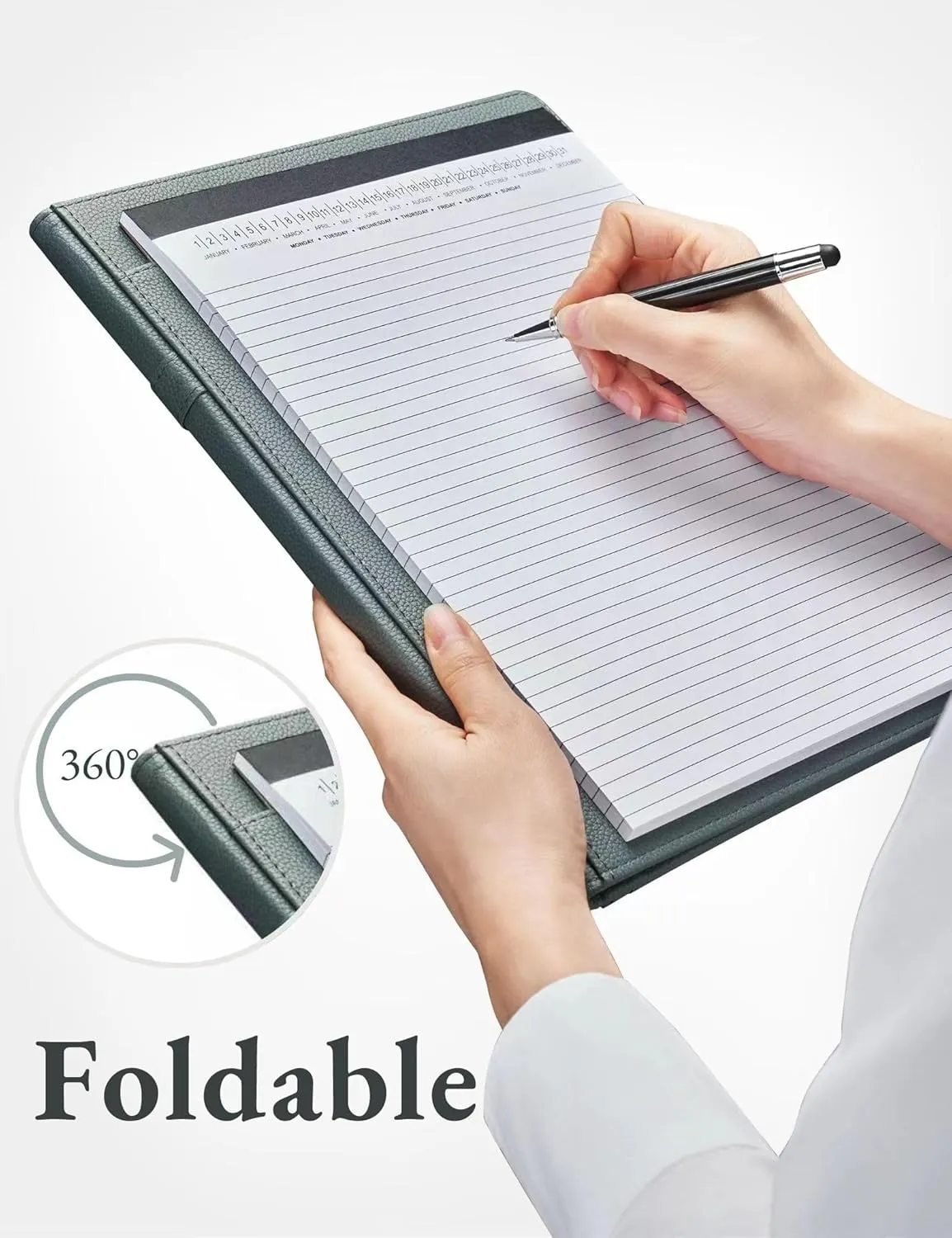 Mymazn Padfolio Portfolio Folder, Faux Leather Interview Resume Folder with Document Organizer & Business Card Holder, Letter-Sized Notepad Legal Pad Holder for Men Women (Grey Green)