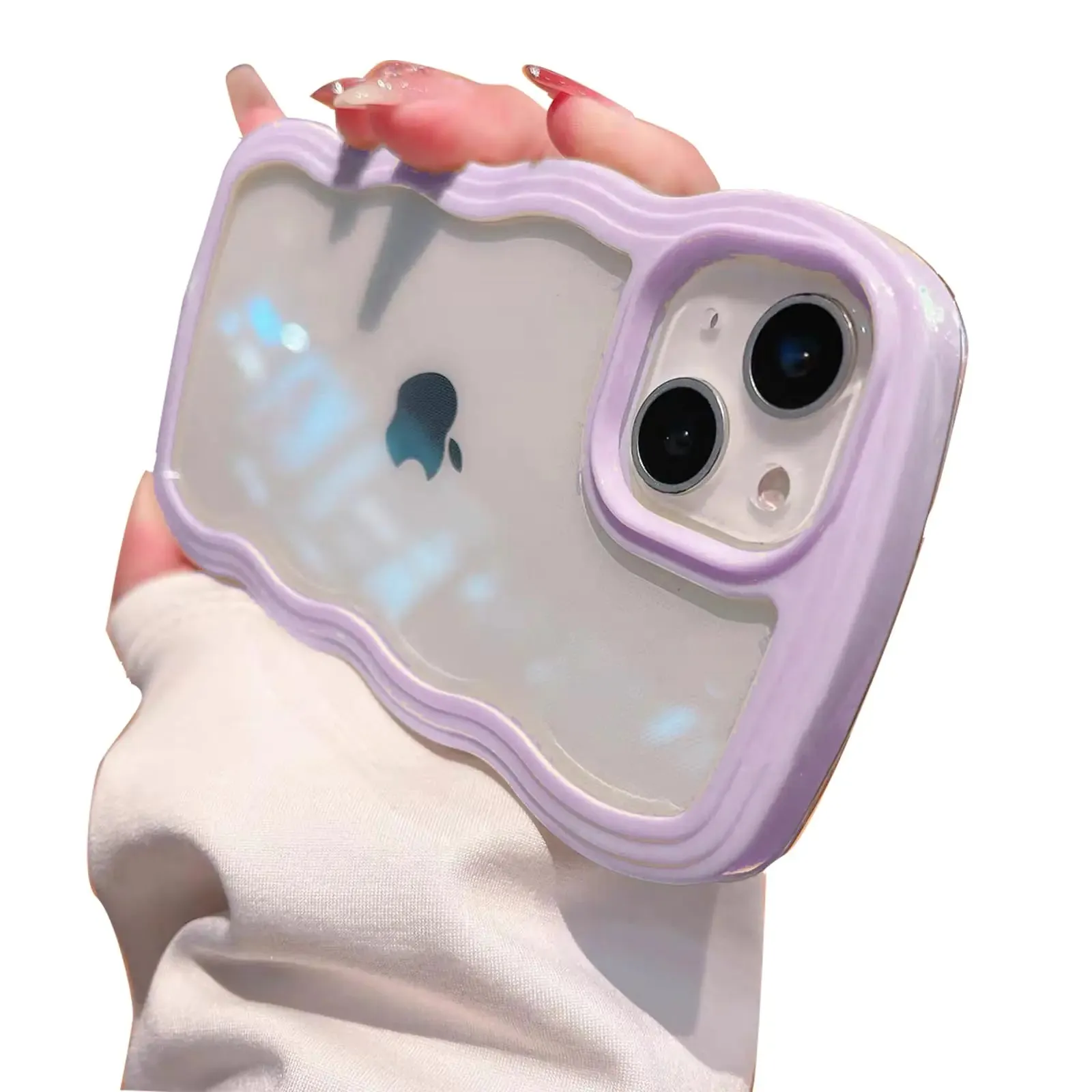 NAOKIFU Compatible for iPhone 15 Case Clear Cute Curly Wave Frame Shape for iPhone 15 Phone Cases Shockproof Soft Protective Phone Cover for Women Girls for iPhone 15 Cases Clear Cover Design Purple