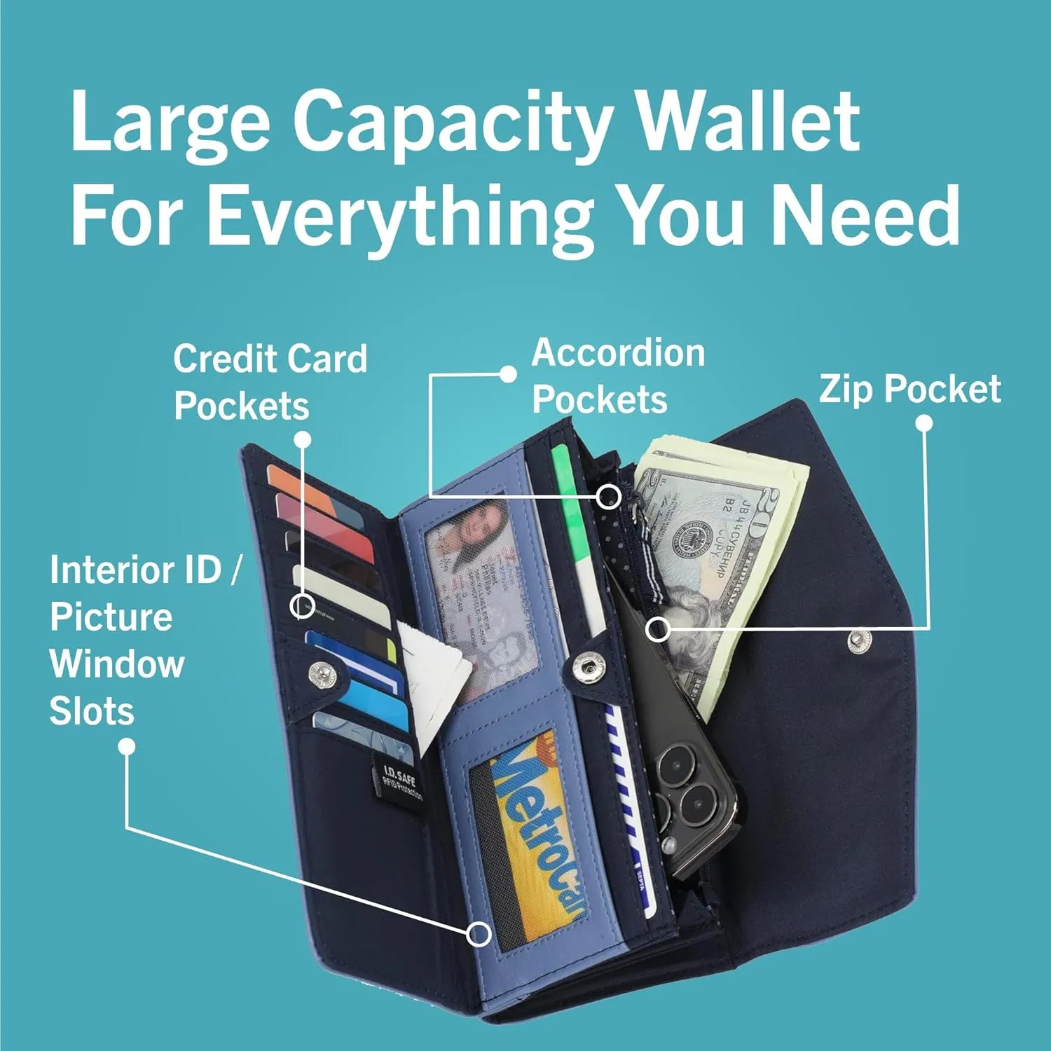 Nautica Money Manager RFID Slim and Small Wallet for Women - Credit Card Holder with Coin Purse and Zipper Wallet, Women's Clutch Organizer