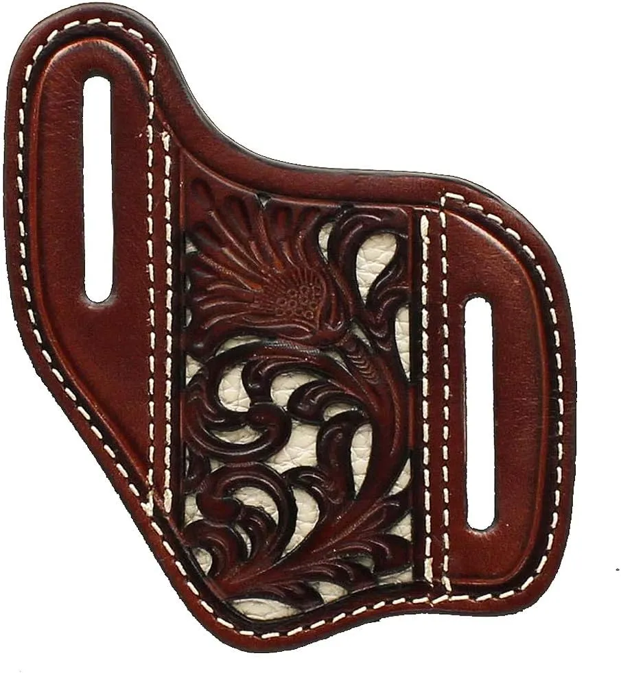 NOCONA Knife Sheath Leather Ivory Underlay Pierced Floral Brown