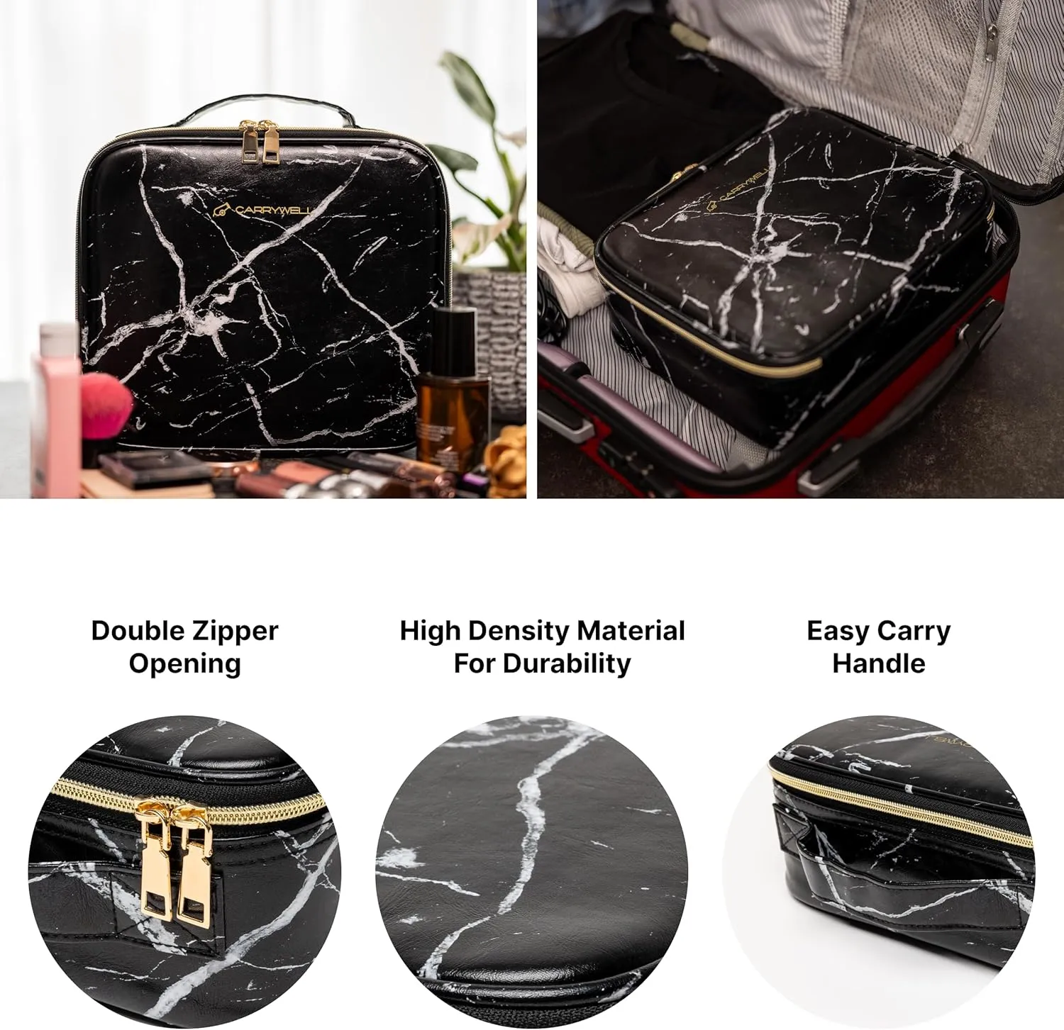 (Not Made In China) Makeup Train Case, Cosmetic Organizer Bag, Travel Make Up Storage With Adjustable Dividers For Cosmetics, Jewelry, Fragrance, Nail Polish and Brushes (1, Marble, Small)