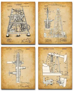 Oil Field Decor Rig Patent Art Prints - Set of Four Photos (8x10) Unframed - Great Office Decor and Gift for Petroleum Engineers, Landmen, Drillers and Roughnecks Under $20