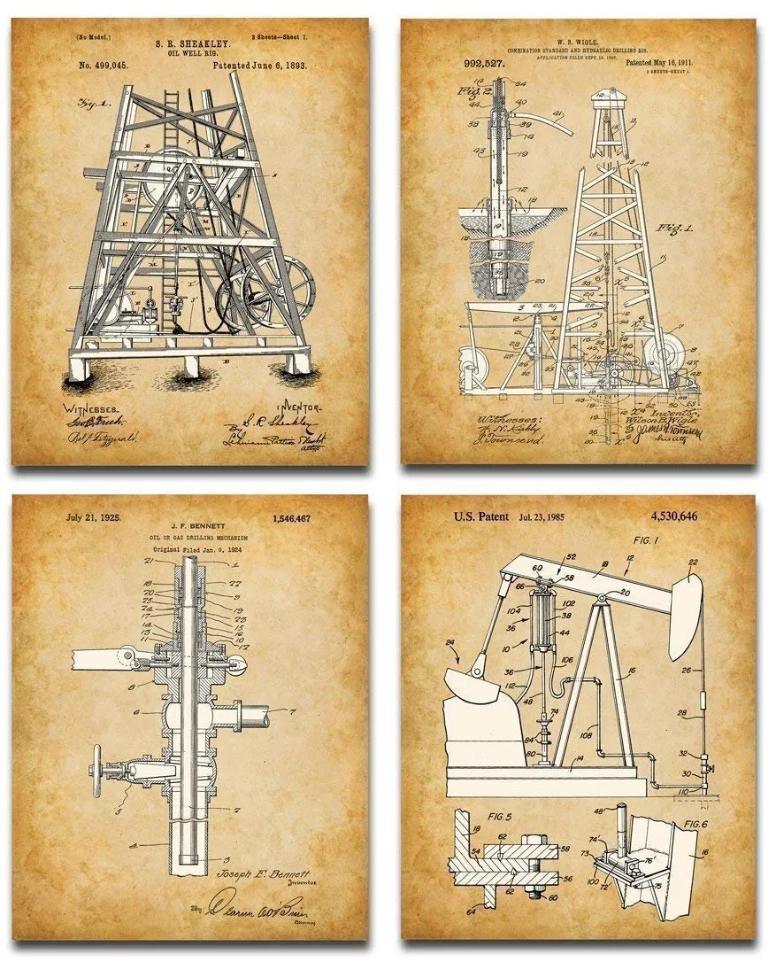 Oil Field Decor Rig Patent Art Prints - Set of Four Photos (8x10) Unframed - Great Office Decor and Gift for Petroleum Engineers, Landmen, Drillers and Roughnecks Under $20