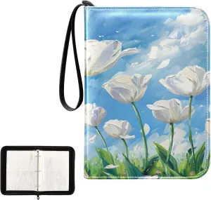 Oil Painting Of White Tulips Collectible Trading Card Albums, Waterproof PU Card Collection Binder Fits 400 Cards with Removable Sleeves for Baseball Card, Football Card