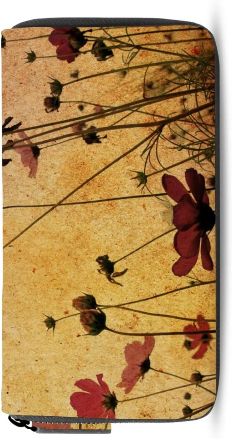 Old-fashioned Artistic Flowers Retro Style Red Poppies Poppy Flowers Leather Long Wallet Organizer with Zipper Purse Clutch Bag for Women Men Key Card Coin Passport Checkbook 8 x 4 inch