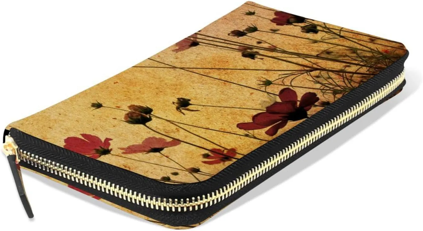 Old-fashioned Artistic Flowers Retro Style Red Poppies Poppy Flowers Leather Long Wallet Organizer with Zipper Purse Clutch Bag for Women Men Key Card Coin Passport Checkbook 8 x 4 inch