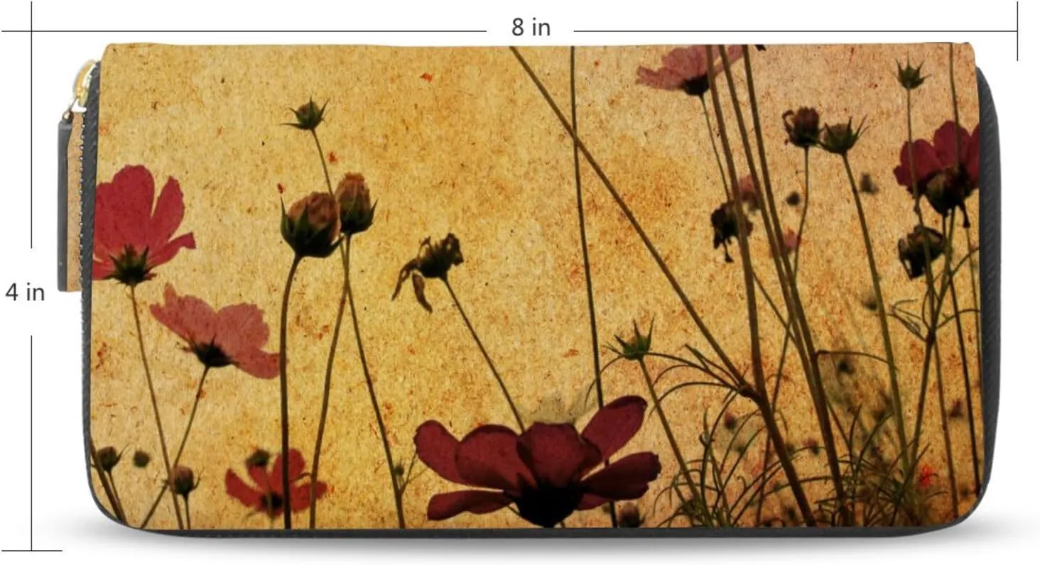 Old-fashioned Artistic Flowers Retro Style Red Poppies Poppy Flowers Leather Long Wallet Organizer with Zipper Purse Clutch Bag for Women Men Key Card Coin Passport Checkbook 8 x 4 inch