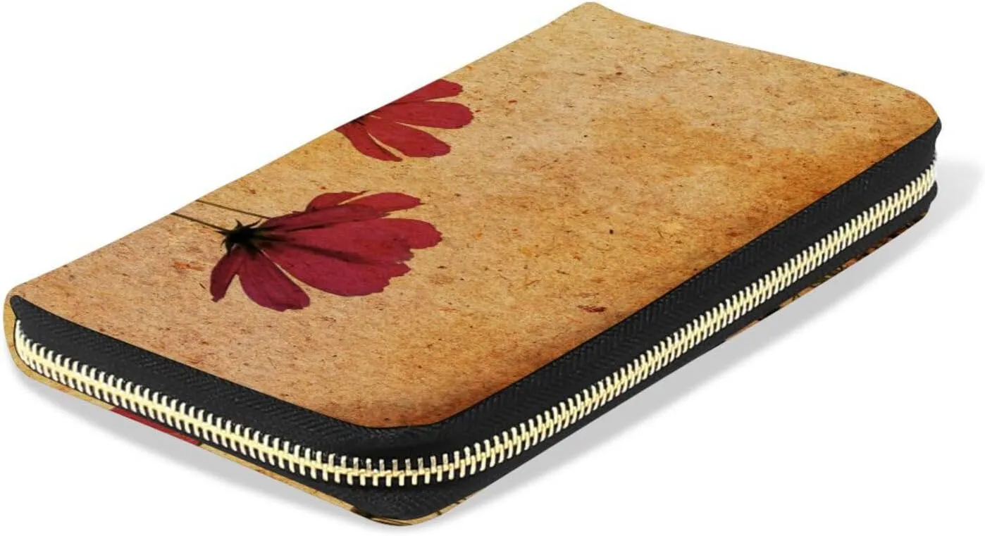 Old-fashioned Artistic Flowers Retro Style Red Poppies Poppy Flowers Leather Long Wallet Organizer with Zipper Purse Clutch Bag for Women Men Key Card Coin Passport Checkbook 8 x 4 inch