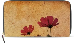 Old-fashioned Artistic Flowers Retro Style Red Poppies Poppy Flowers Leather Long Wallet Organizer with Zipper Purse Clutch Bag for Women Men Key Card Coin Passport Checkbook 8 x 4 inch