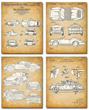Original Porsche Patent Prints - Vintage Wall Art Decor Gifts for Car Enthusiasts, Man Cave and Office Decoration, Classic Room Decor, 8x10 Unframed Art Poster (Set of 4)