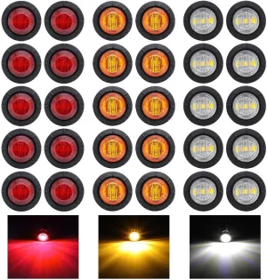 Pack of 30 3/4 Inch Mini Round 10 Amber   10 Red   10 White 3 LED Trailer Side Marker Button Lights Clearance Signal Lamp Boat Lorry Truck Pickup Bus 12V DC