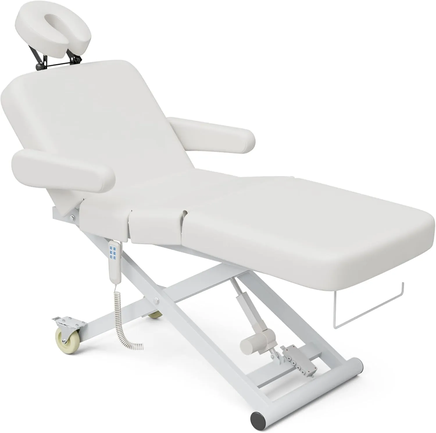 Paddie Fully Electric Massage Table Professional with Face Cradle, 3 Motor Customized Angle Folding Tattoo Chair, 550lbs Height Adjustable with Rolling Wheels, White