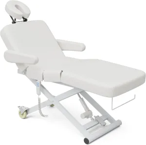 Paddie Fully Electric Massage Table Professional with Face Cradle, 3 Motor Customized Angle Folding Tattoo Chair, 550lbs Height Adjustable with Rolling Wheels, White