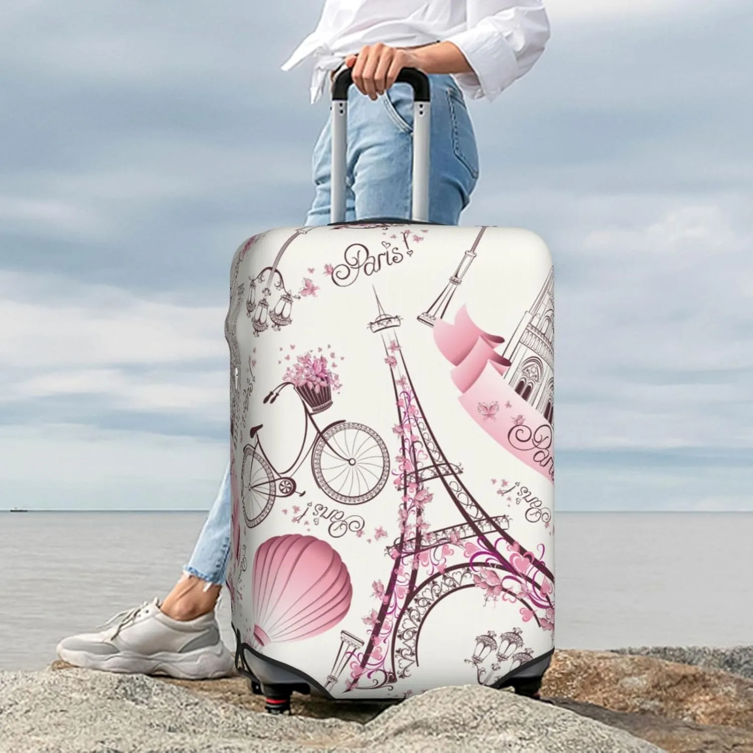 Paris Eiffel Tower Luggage Suitcase Covers Elastic Washable Romantic Travel Luggage Protector Travel Suitcase Protective Cover For Kid And Adult, S (Fit 18-21 Inch Luggage)
