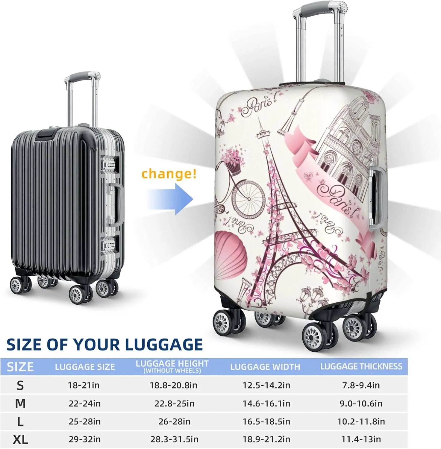 Paris Eiffel Tower Luggage Suitcase Covers Elastic Washable Romantic Travel Luggage Protector Travel Suitcase Protective Cover For Kid And Adult, S (Fit 18-21 Inch Luggage)