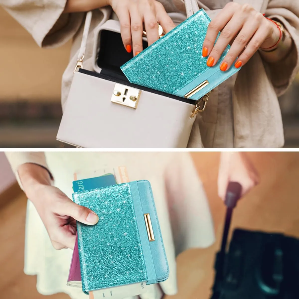 Passport Holder Cover Travel RFID Blocking Passport Cover Rose Gold Cute Flowers Passport Wallet with Elastic Band for Women