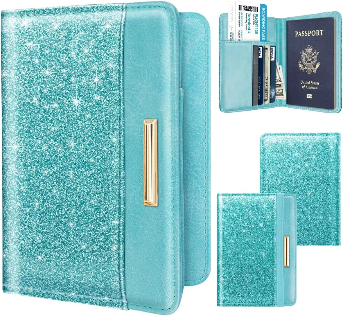 Passport Holder Cover Travel RFID Blocking Passport Cover Rose Gold Cute Flowers Passport Wallet with Elastic Band for Women