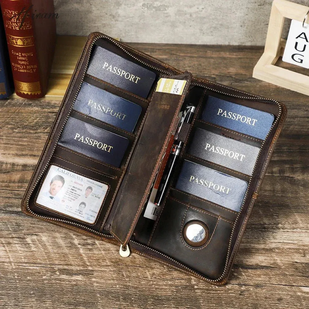 Passport Wallet, AirTag, Travel Genuine Leather, Boarding Pass Holder