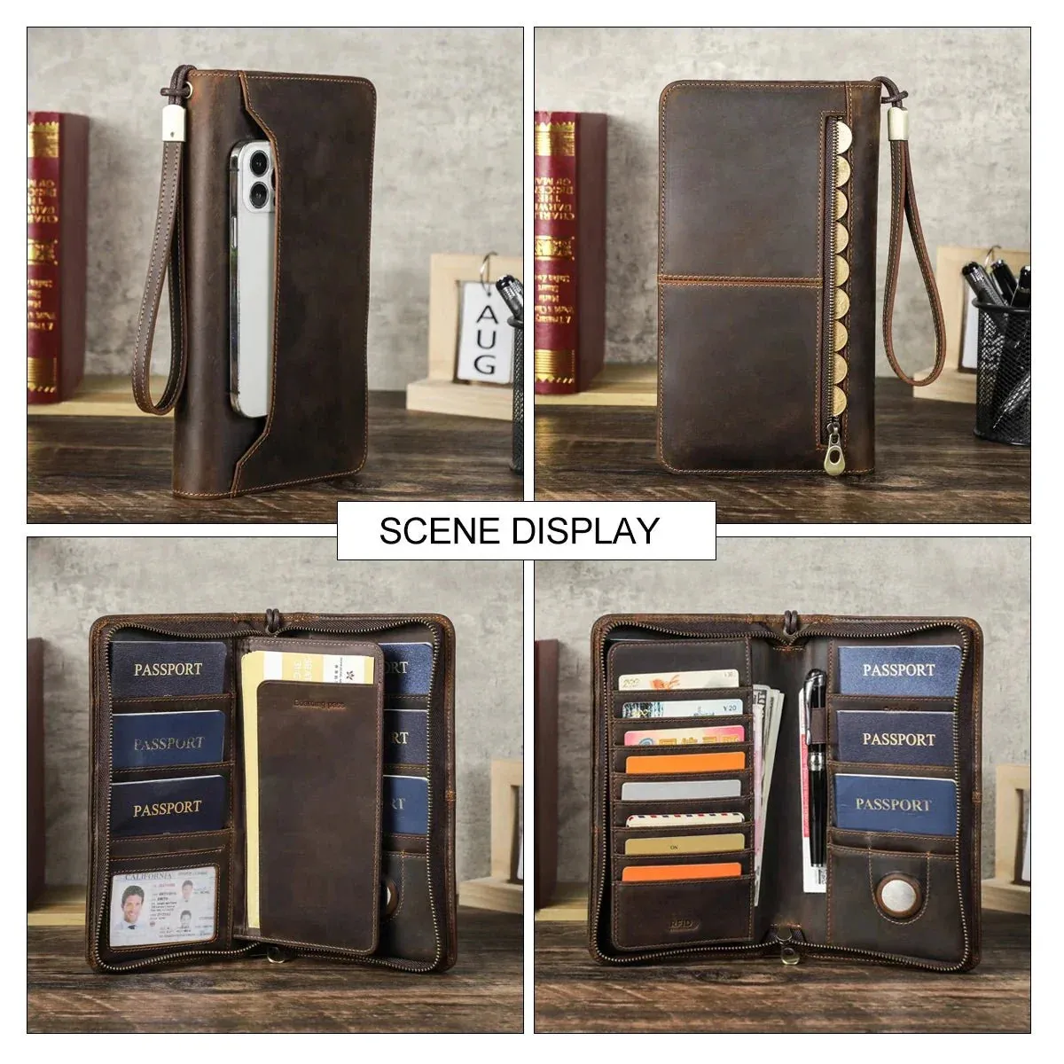 Passport Wallet, AirTag, Travel Genuine Leather, Boarding Pass Holder