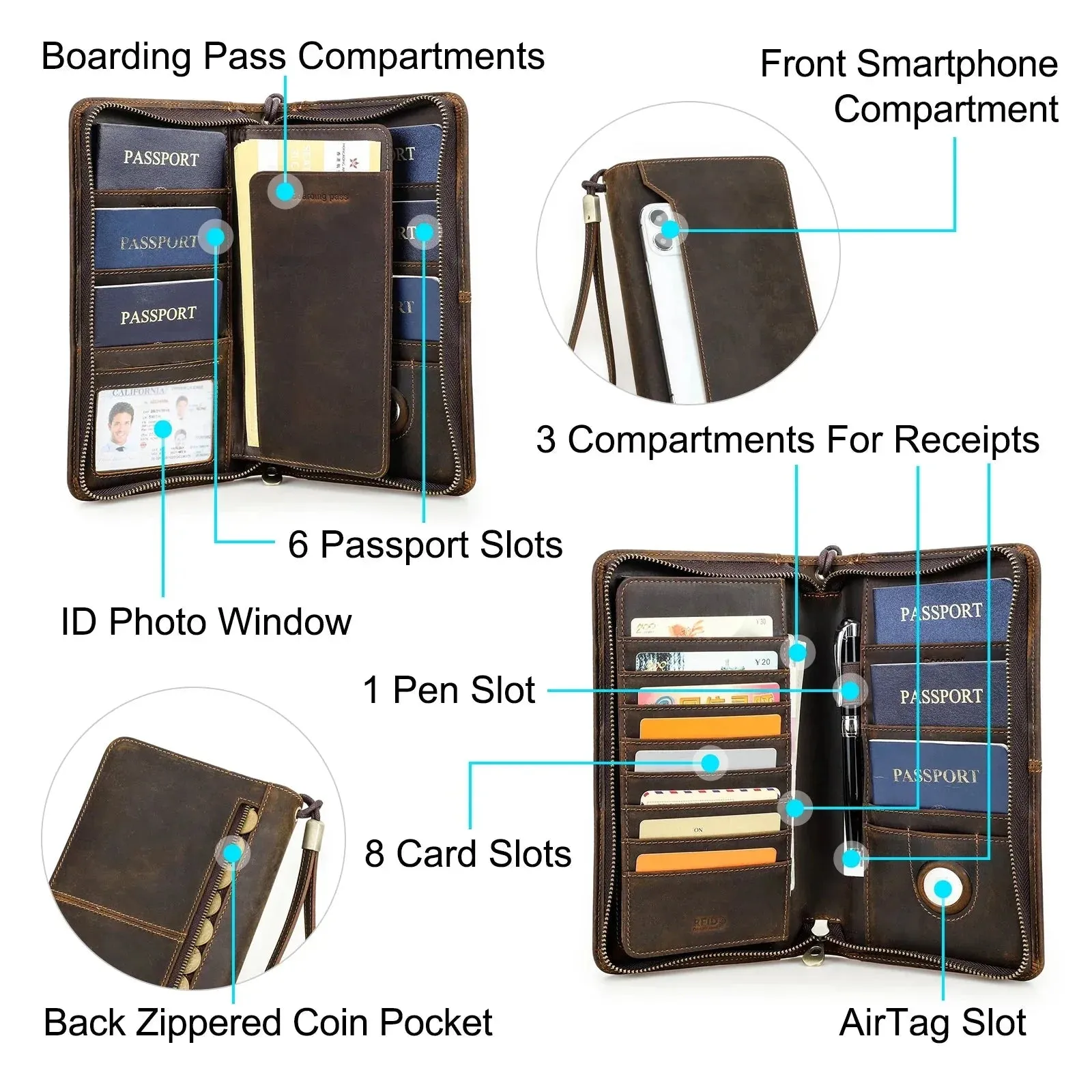Passport Wallet, AirTag, Travel Genuine Leather, Boarding Pass Holder
