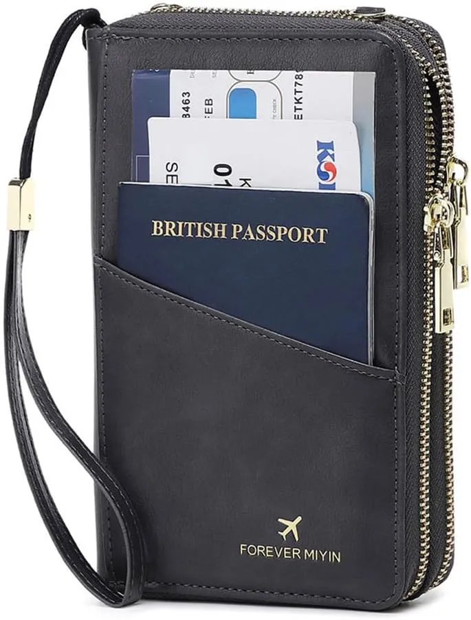 Passport Wallet for Women, Rfid Passport Holder Family Travel Cover with Adjustable Strap and Wristlet, Your Ideal Carrying Wallet (Grey)