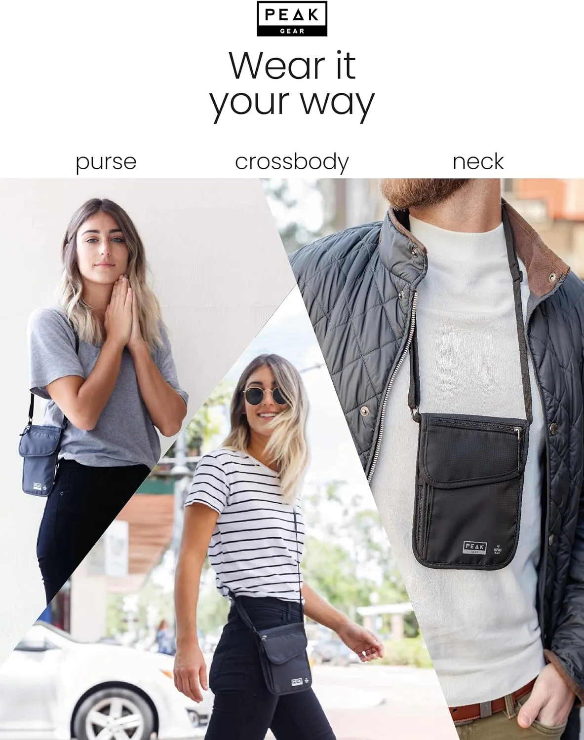 Peak Gear RFID Neck Wallet - The Original Travel Pouch with Adjustable Crossbody Strap   Theft Protection and Lost & Found Service | Black