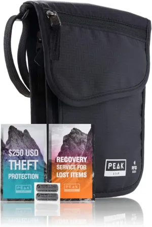 Peak Gear RFID Neck Wallet - The Original Travel Pouch with Adjustable Crossbody Strap   Theft Protection and Lost & Found Service | Black