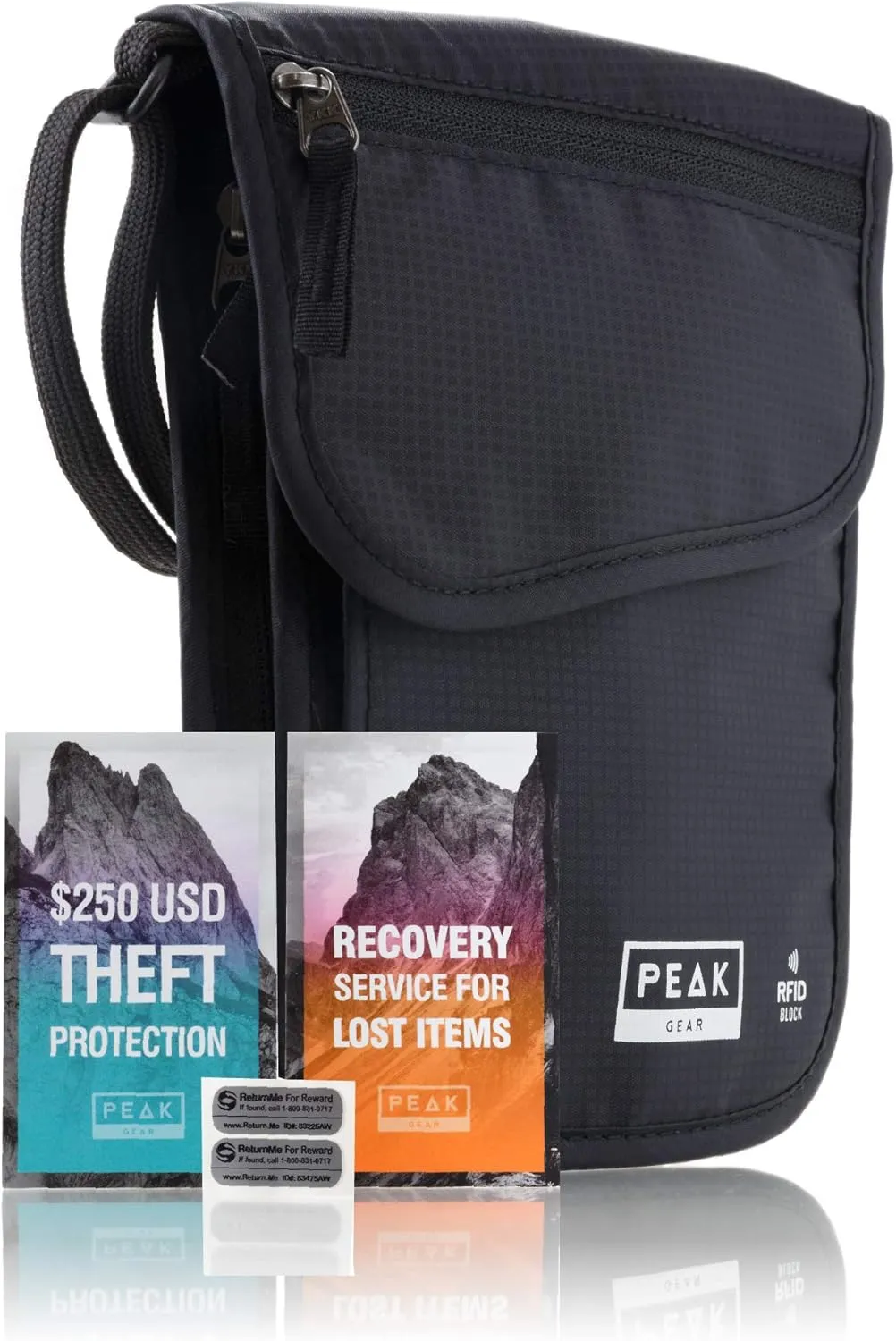 Peak Gear RFID Neck Wallet - The Original Travel Pouch with Adjustable Crossbody Strap   Theft Protection and Lost & Found Service | Black