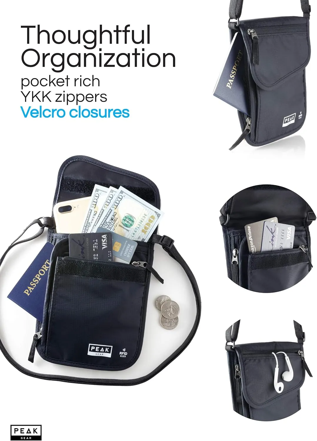 Peak Gear RFID Neck Wallet - The Original Travel Pouch with Adjustable Crossbody Strap   Theft Protection and Lost & Found Service | Black