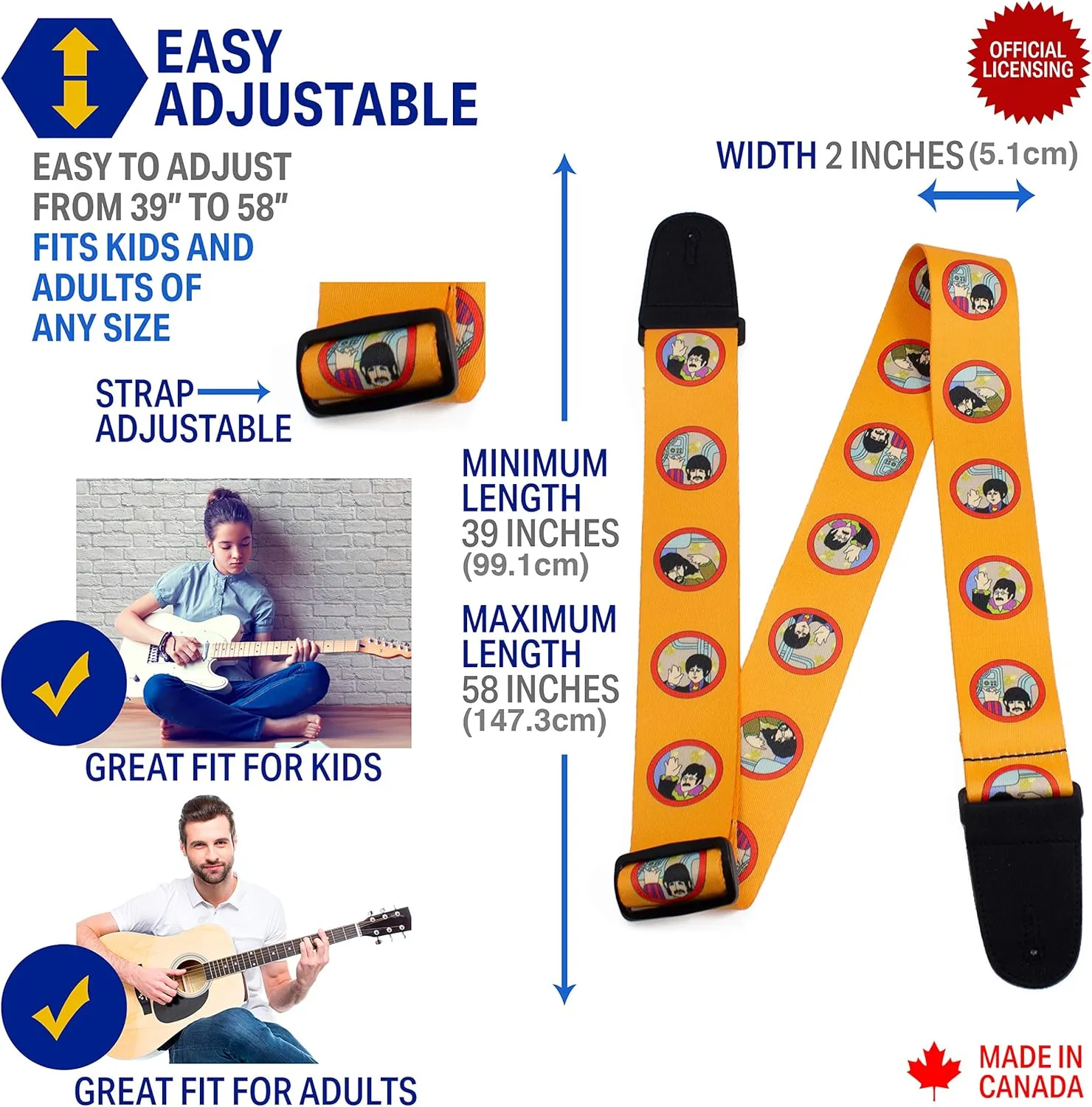 Perri’s Leathers Ltd. - The Beatles - Guitar Strap - Polyester - Yellow Submarine - Official Licensed Product - For Acoustic/Bass/Electric Guitars - Adjustable - Made in Canada (LPCP-6108)