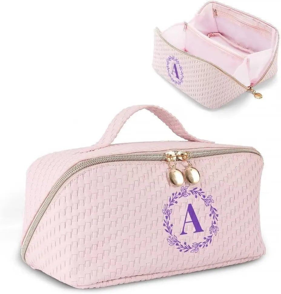 Personalized Initial Makeup Bag for Women Letter Cosmetic Bag Large Capacity Travel Toiletry Bag Cute Pink Make Up Bag PU Leather Toiletry Pouch Birthday Gifts for Women Mom Bridesmaid- A