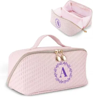 Personalized Initial Makeup Bag for Women Letter Cosmetic Bag Large Capacity Travel Toiletry Bag Cute Pink Make Up Bag PU Leather Toiletry Pouch Birthday Gifts for Women Mom Bridesmaid- A