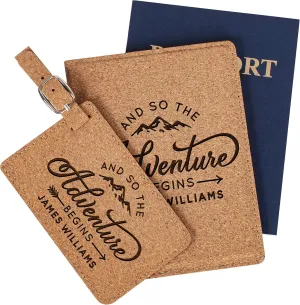 Personalized Leatherette Passport Holder and Luggage Tag Set for Women and Men | 18 Designs | Custom Engraved Passport Cover Suitcase Tag with Name | Cork