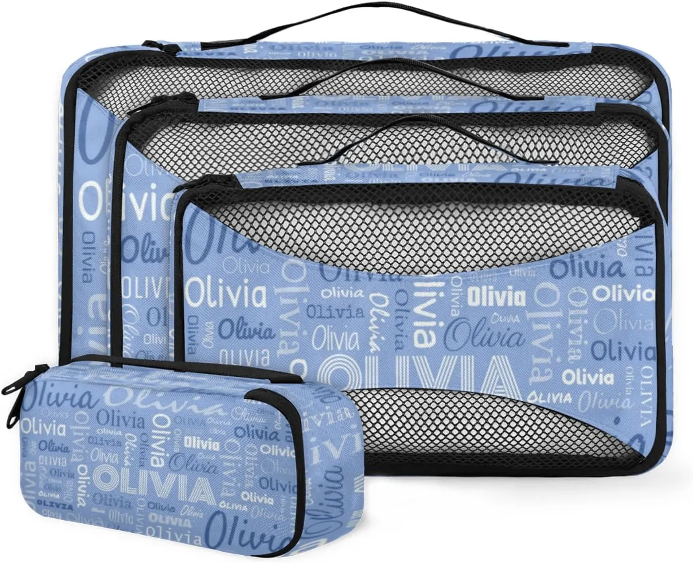 Personalized Packing Cube Set of 4 with Zipper, Custom Name Cubes Set for Women Grils, Travel Luggage Packing Organizers for Suitcases, Blue Background