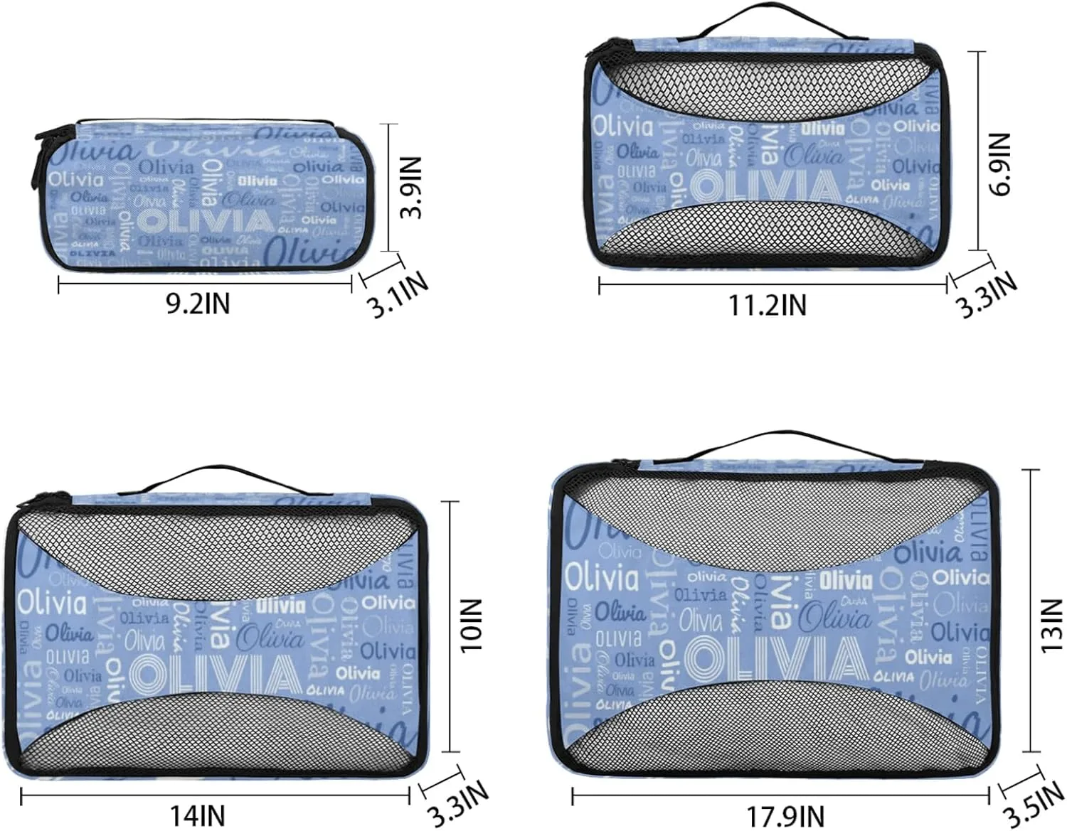 Personalized Packing Cube Set of 4 with Zipper, Custom Name Cubes Set for Women Grils, Travel Luggage Packing Organizers for Suitcases, Blue Background