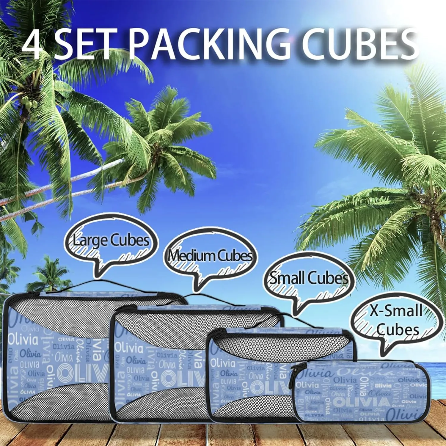 Personalized Packing Cube Set of 4 with Zipper, Custom Name Cubes Set for Women Grils, Travel Luggage Packing Organizers for Suitcases, Blue Background