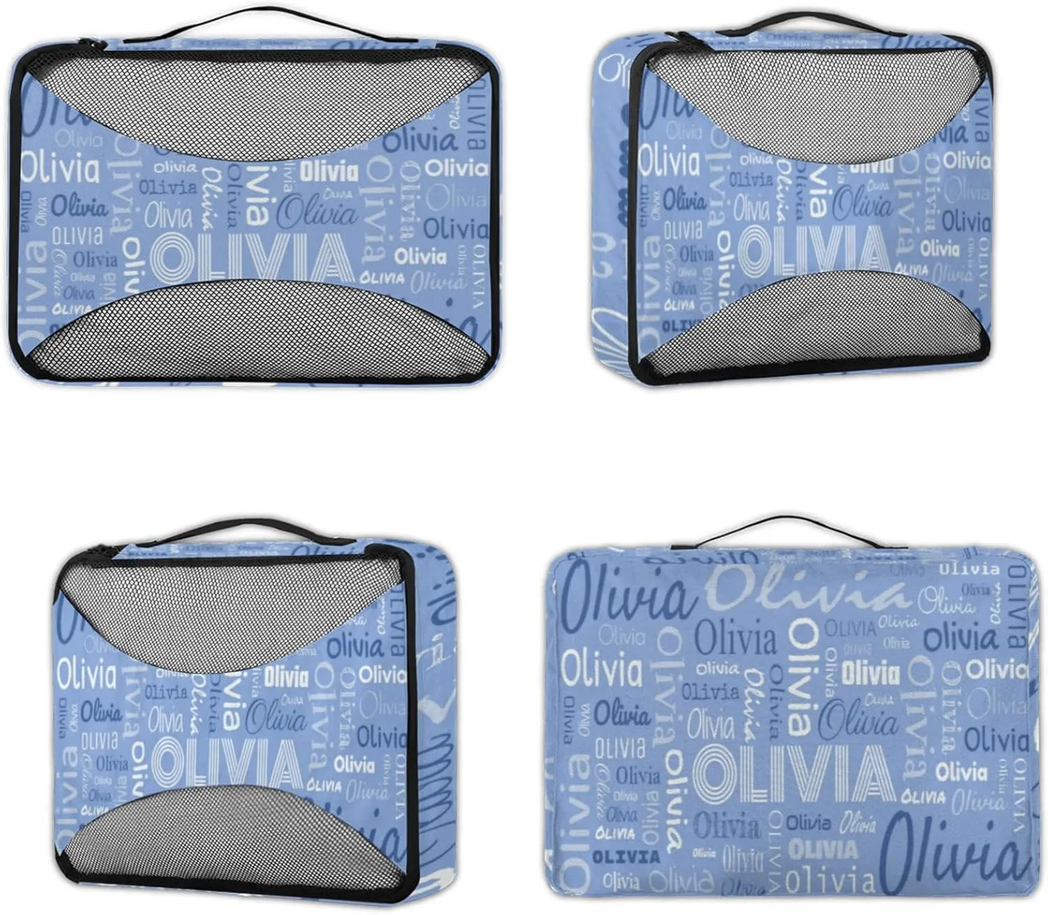 Personalized Packing Cube Set of 4 with Zipper, Custom Name Cubes Set for Women Grils, Travel Luggage Packing Organizers for Suitcases, Blue Background
