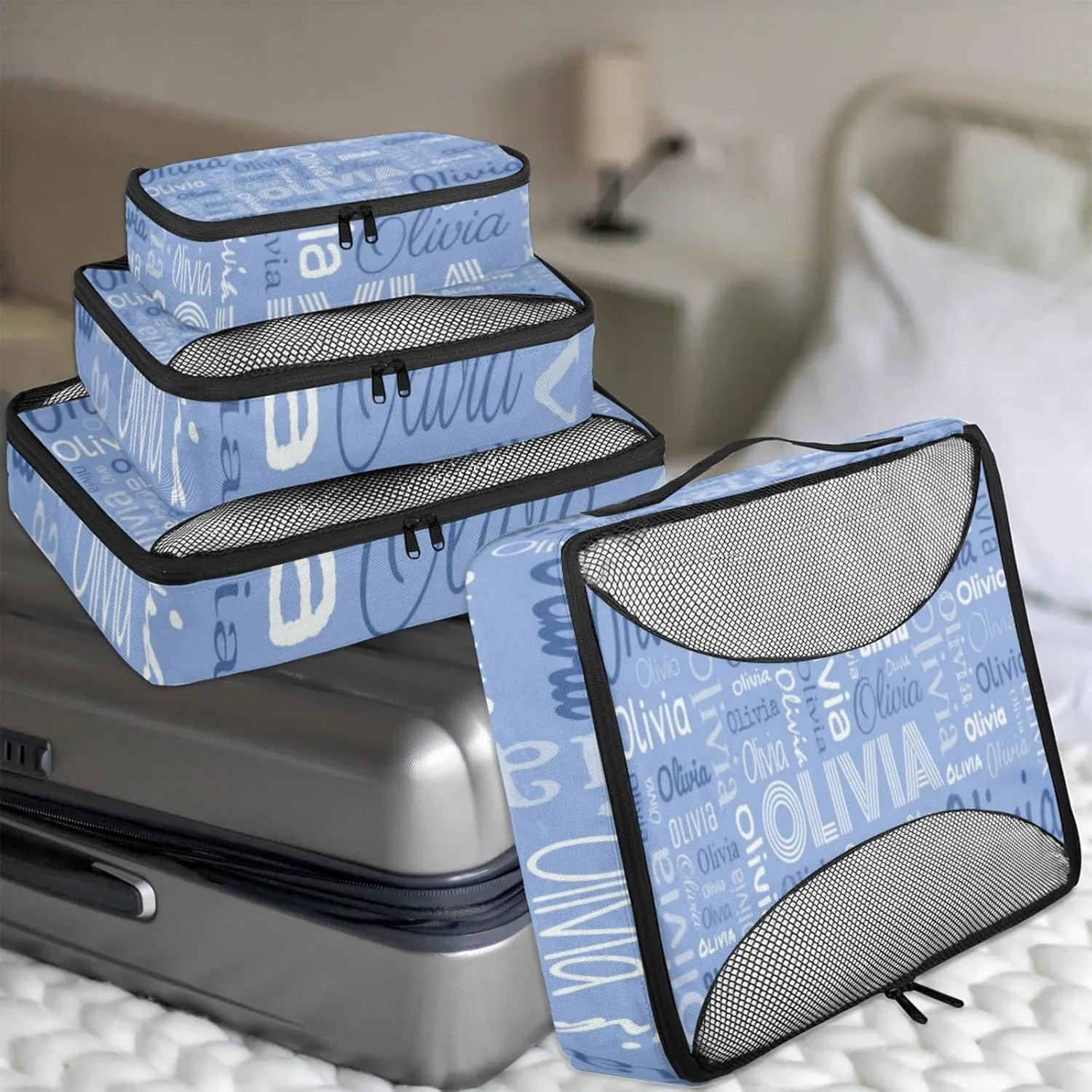 Personalized Packing Cube Set of 4 with Zipper, Custom Name Cubes Set for Women Grils, Travel Luggage Packing Organizers for Suitcases, Blue Background