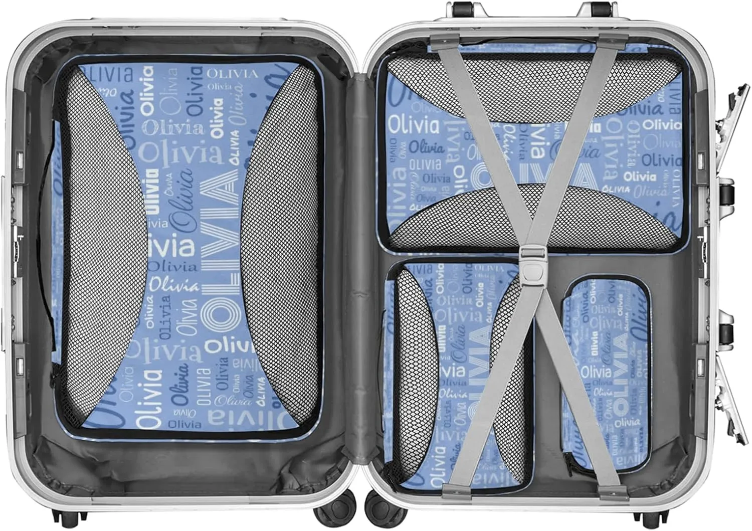 Personalized Packing Cube Set of 4 with Zipper, Custom Name Cubes Set for Women Grils, Travel Luggage Packing Organizers for Suitcases, Blue Background