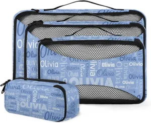 Personalized Packing Cube Set of 4 with Zipper, Custom Name Cubes Set for Women Grils, Travel Luggage Packing Organizers for Suitcases, Blue Background