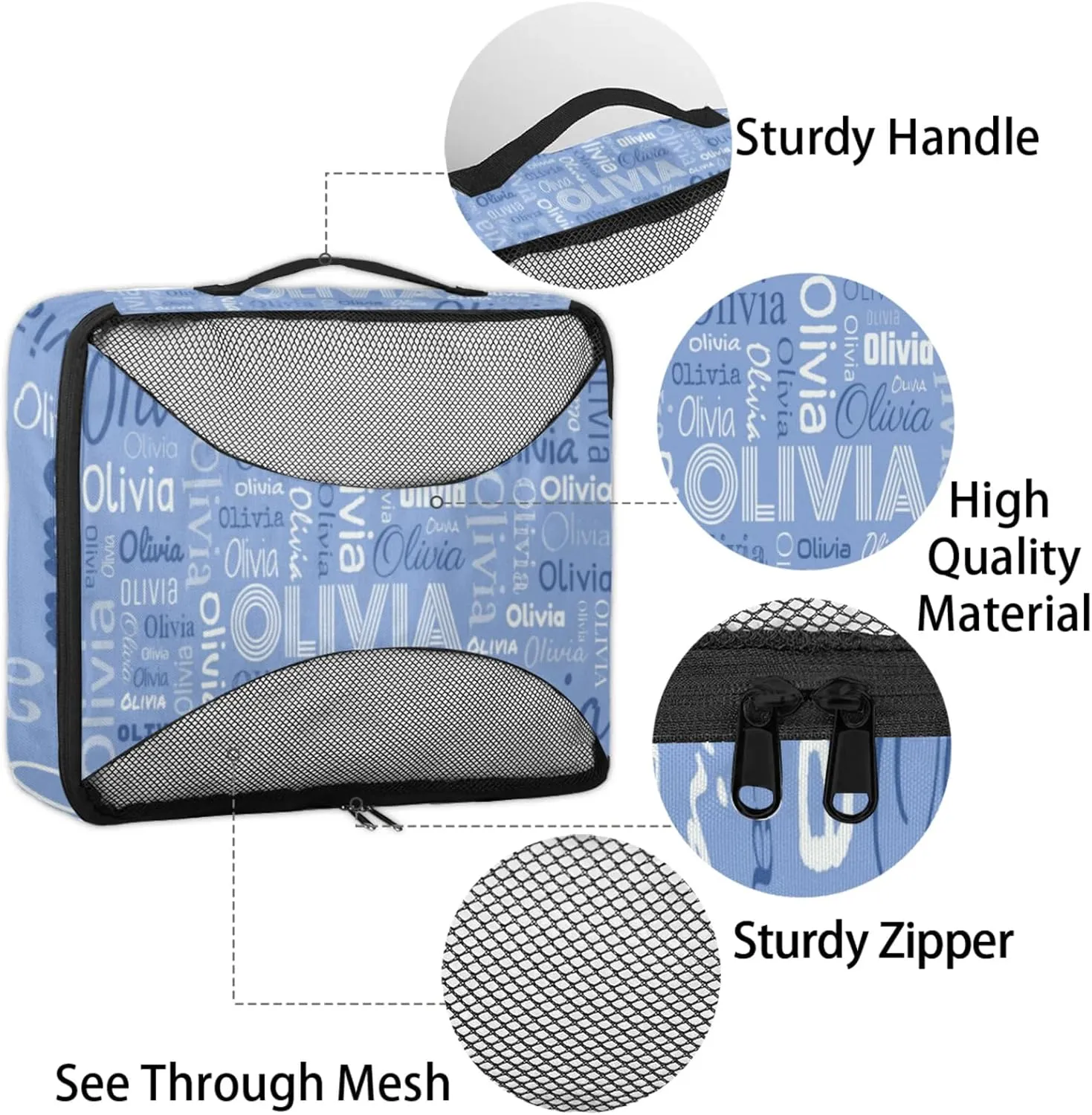 Personalized Packing Cube Set of 4 with Zipper, Custom Name Cubes Set for Women Grils, Travel Luggage Packing Organizers for Suitcases, Blue Background