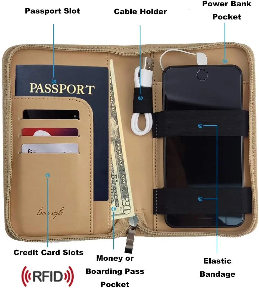 Phone Charging Passport Holder - Travel Wallet with Removable Power Bank holds money, cards, phone, travel docs- RFID Blocking - Compatible with All Phones - Travel Accessories