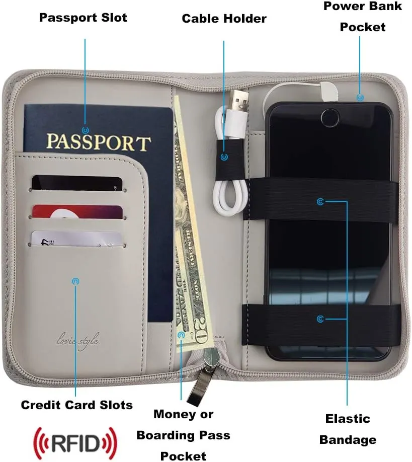 Phone Charging Passport Holder - Travel Wallet with Removable Power Bank holds money, cards, phone, travel docs- RFID Blocking - Compatible with All Phones - Travel Accessories