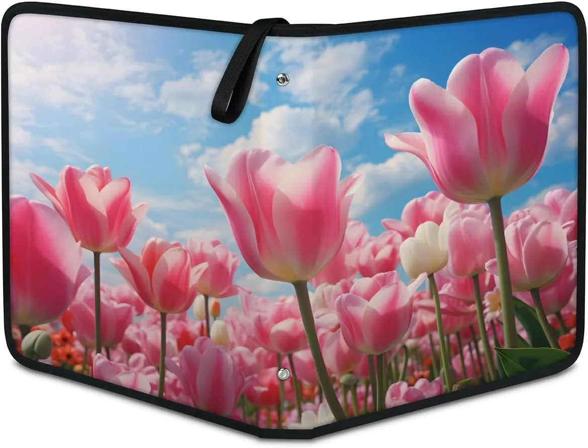 Pink Tulips 3 Ring Trading Zipper Binder Strap, Trading Card Binder 9 Pocket, 900 Pockets Card Holder with 50 Removable Sleeves for Game Cards