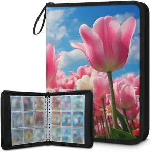 Pink Tulips 3 Ring Trading Zipper Binder Strap, Trading Card Binder 9 Pocket, 900 Pockets Card Holder with 50 Removable Sleeves for Game Cards