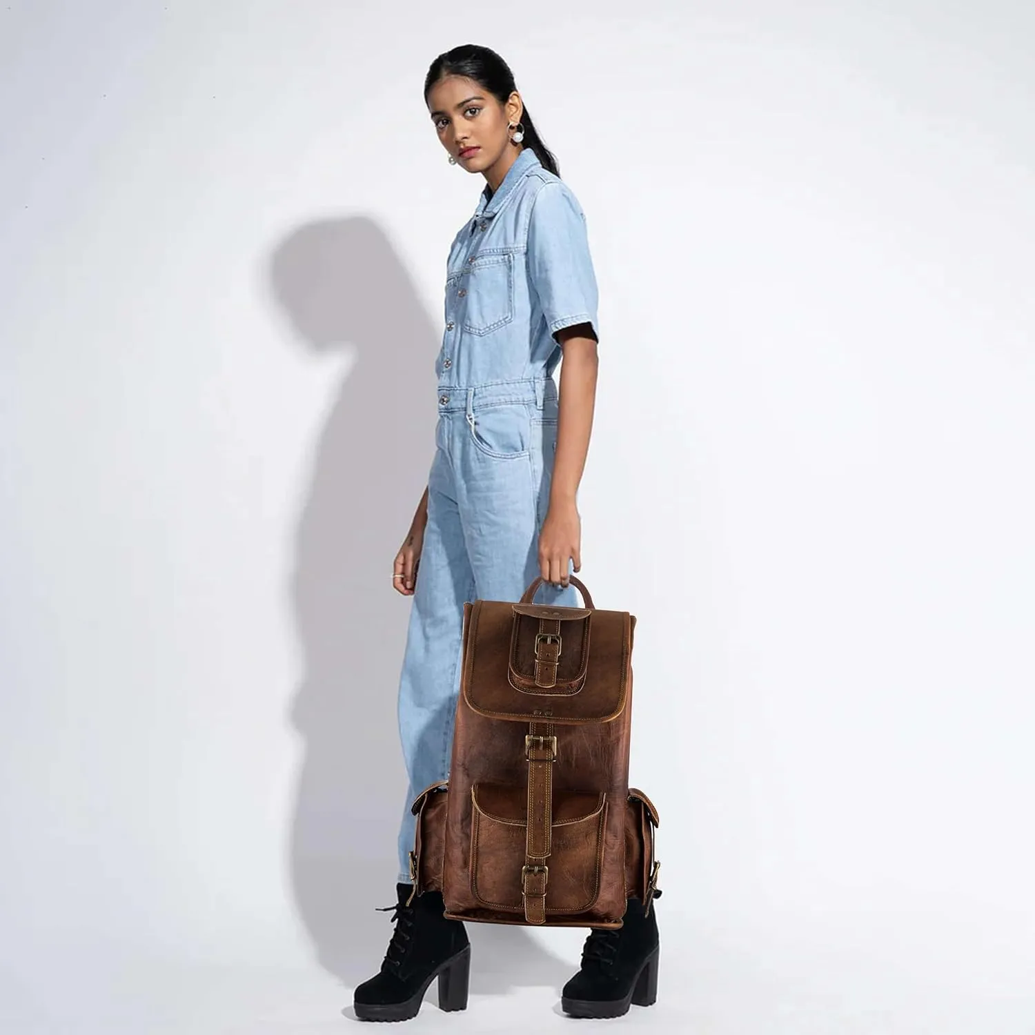 PLW 16" Inch Brown Leather Backpack | Handmade Vintage Laptop Rucksack for Men & Women | Adjustable Camping Travel Bag