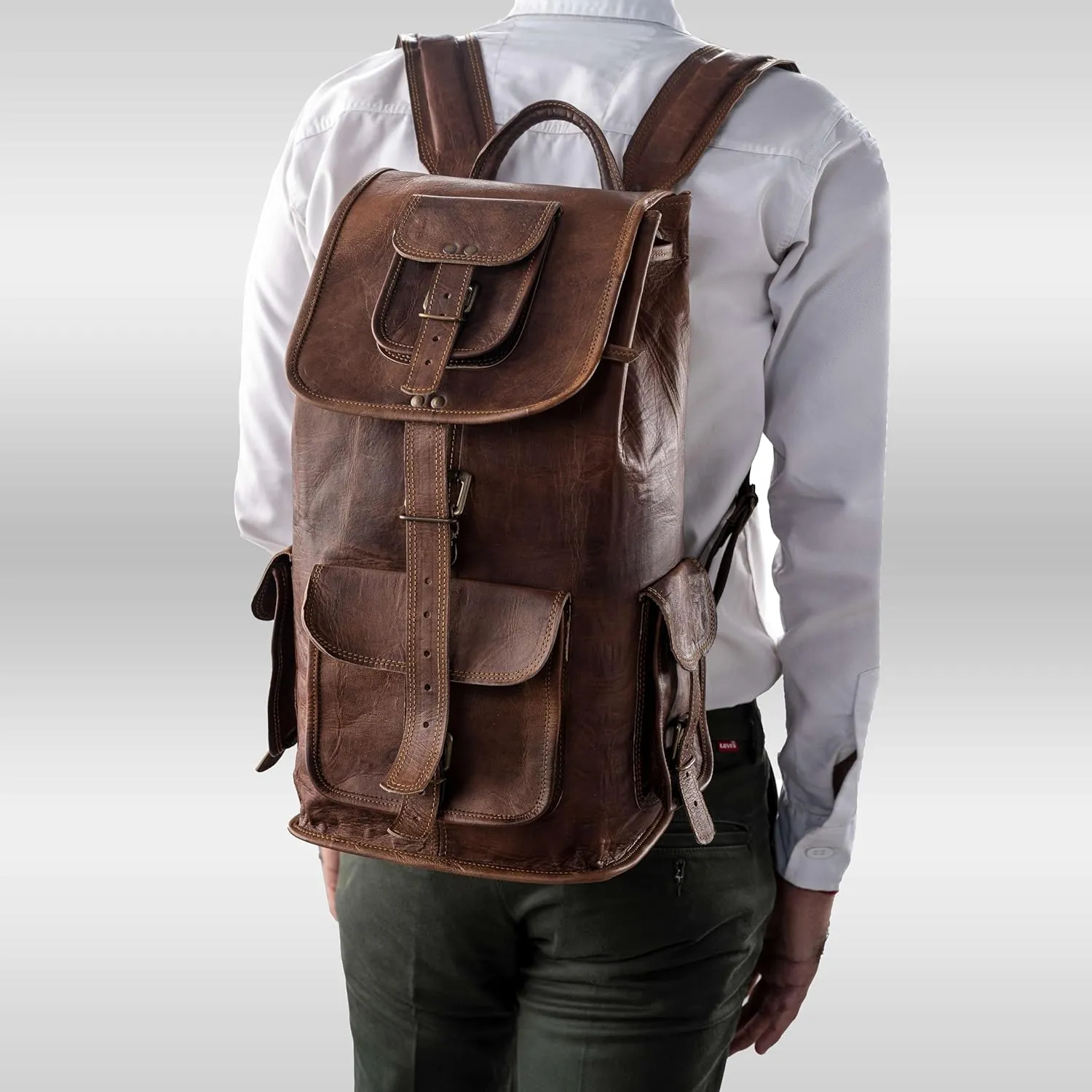 PLW 16" Inch Brown Leather Backpack | Handmade Vintage Laptop Rucksack for Men & Women | Adjustable Camping Travel Bag