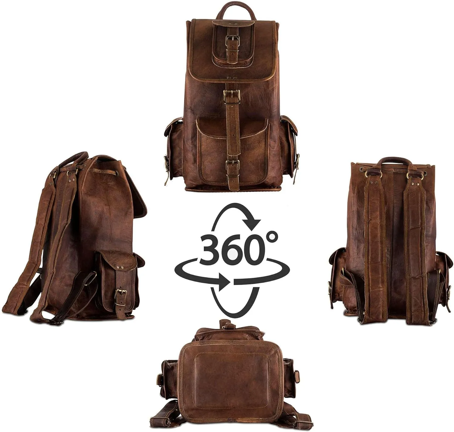 PLW 16" Inch Brown Leather Backpack | Handmade Vintage Laptop Rucksack for Men & Women | Adjustable Camping Travel Bag