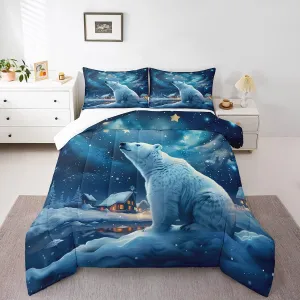 Polar Bear Comforter Set Full Size,Winter Snow Scenery Bedding Set 3Pcs,Dreamy Starry Sky Night Quilt Set for Kids Boys Girls Teens Room Decor,Rustic Cabin House Duvet Insert,2 Pillowcases