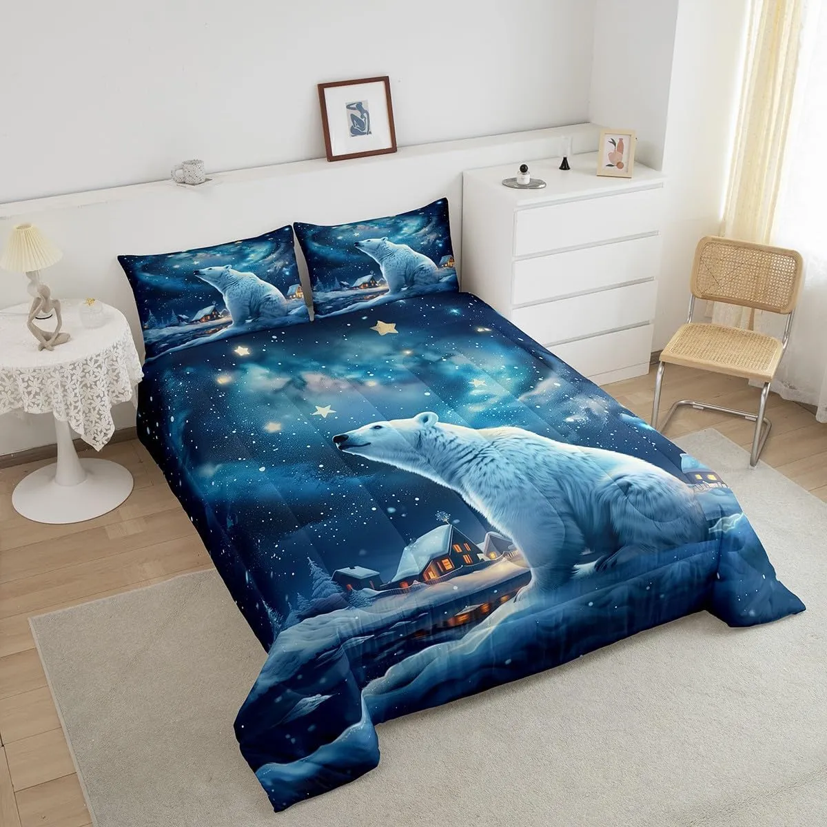 Polar Bear Comforter Set Full Size,Winter Snow Scenery Bedding Set 3Pcs,Dreamy Starry Sky Night Quilt Set for Kids Boys Girls Teens Room Decor,Rustic Cabin House Duvet Insert,2 Pillowcases